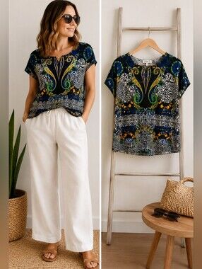 JOSEPH A. Colorful Geometric Print Knit Top M Pull-On Stretch Short Sleeve